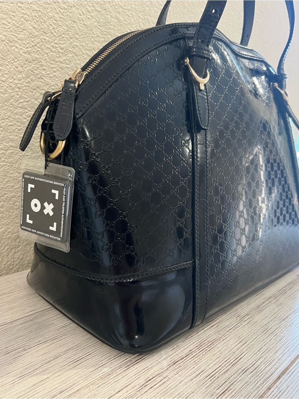 GUCCI Black Microguccissima Patent Leather Nice Top Handle Bag COA